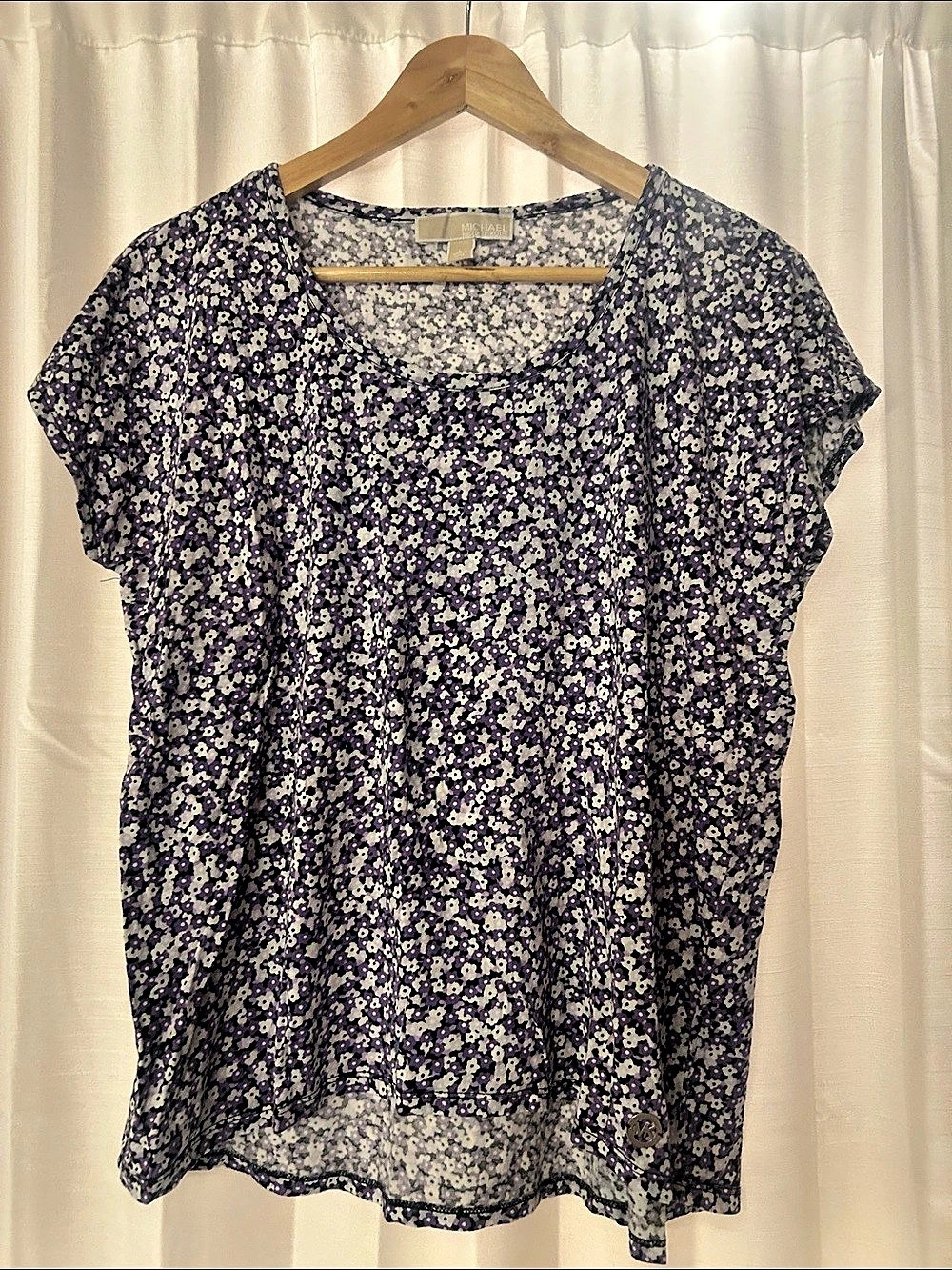 Michael Kors Floral Short Sleeve Blouse in Purple, black & White
